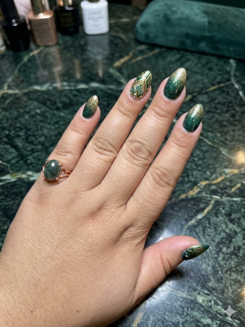 Size 9 Gold-Tone Ring with Dark Green Oval Stone -